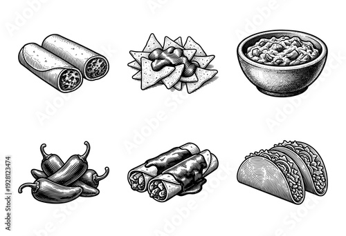 Mexican food collection featuring tacos burritos nachos and peppers in vintage woodcut engraving style