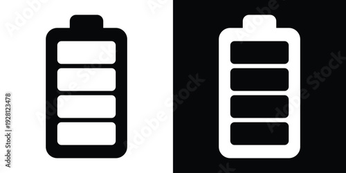 Classic vertical battery icon with four solid bars indicating maximum power capacity. Professional symbol for energy storage, battery health, and fully charged electronic devices.