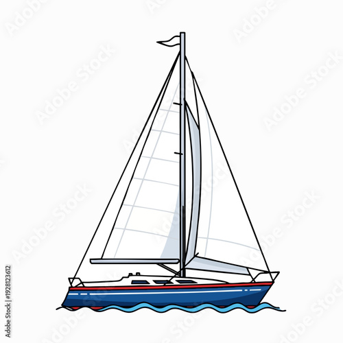 Illustration of a blue sailboat with white sails sailing on blue water perfect for nautical themes and recreational activities artwork