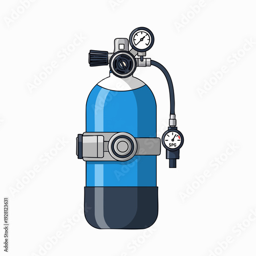 Illustration of a blue scuba diving tank with regulator and pressure gauge underwater activity equipment isolated on white for water sports