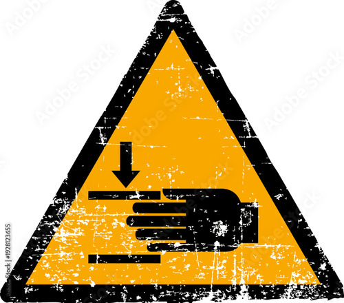 Grunge crushing of hands warning sign worn scratched ISO 7010 W024 hazard symbol
