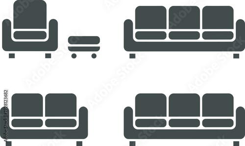Minimalist silhouette illustration of seating furniture icons including armchair with ottoman, loveseat, and sofas, representing interior design, home decor, 
