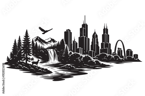 Nature and City Combo Silhouette, Vector Illustration, Isolated on White Background