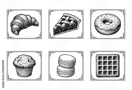 Vintage hand drawn engraving set of bakery products and sweet desserts featuring croissant pie donut muffin macarons and waffle in decorative frames