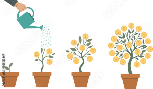 Financial growth plant illustration, investment coins watering concept with money tree stages for savings, wealth planning, and business projects