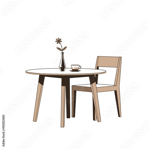 Cozy Cafe Table Setting: Coffee Cup and Flower Vase on Round Table with Chair