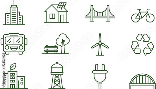 Green urban sustainability icons collection, renewable energy, eco transport, recycling, smart city infrastructure, environmental vector design illustration set