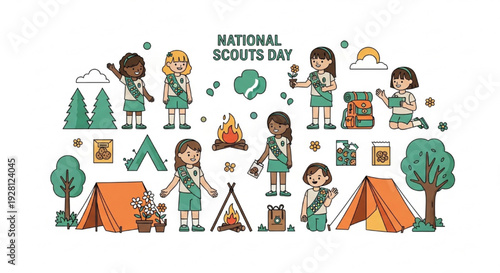 National Girl Scout Day Vector Illustration with Diverse Scouts, Camping, Cookies, and Outdoor Activities
