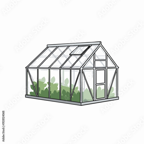 Illustration of a Charming Greenhouse Filled with Lush Green Plants Perfect for Sustainable Gardening and Home Cultivation Projects