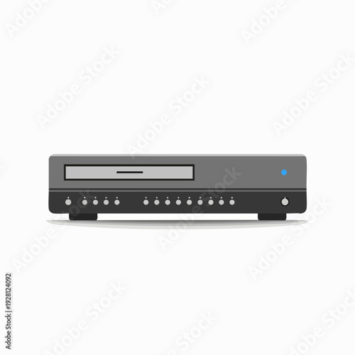 Illustration of a classic DVD player with multiple buttons and a blue power indicator for home entertainment systems