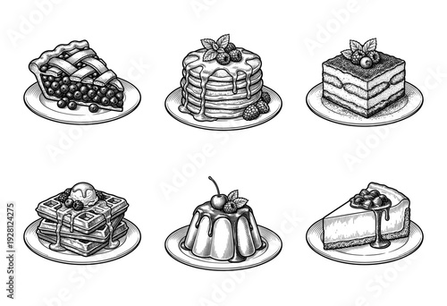 Vintage hand drawn engraving style dessert collection featuring berry pie, pancakes, tiramisu, waffles, pudding, and cheesecake on plates.