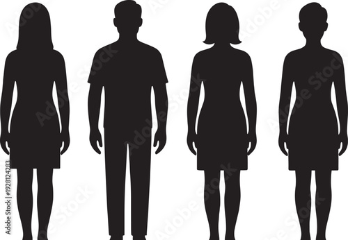 Silhouette illustration of diverse human figures standing side by side, representing gender diversity, equality, inclusion, community awareness, and social representation on a white background.