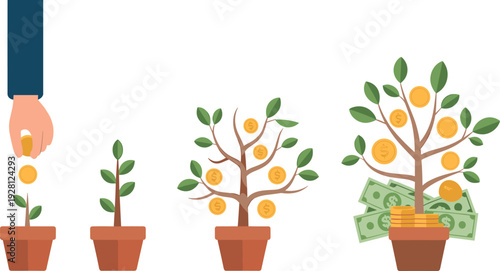 Investment growth plant illustration, coins and money tree concept with financial stages for savings, wealth planning, and business projects