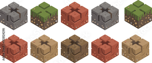 Isometric terrain cubes set, colorful block textures, modular game environment design, abstract 3D illustration for digital backgrounds and assets
