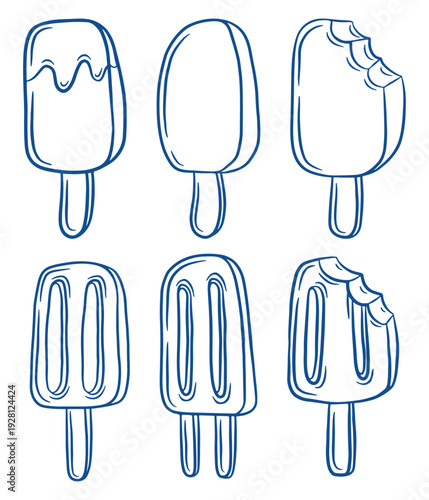 hand drawn popsicle and ice cream bar doodle set including glazed and bitten. Summer dessert vector illustration isolated on white background.