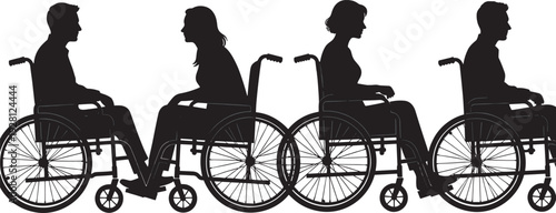 Silhouette illustration of four people seated in wheelchairs facing each other in pairs, symbolizing communication, inclusivity, disability awareness, accessibility, equality, and social engagement 