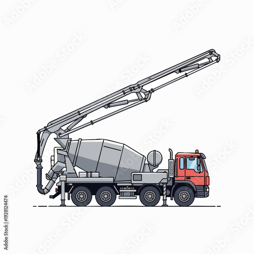 Illustration of a concrete mixer truck with a folding boom a common vehicle in construction and urban projects; isolated on white