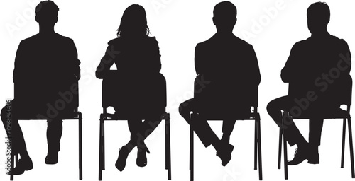 Silhouette illustration of four seated individuals in chairs with varied postures, facing forward, representing diversity in body language, formal settings, and behavioral study concepts