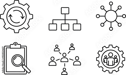 Business Workflow and Team Management Line Icon Set with Process Gear, Organization Chart, Network Hub, Audit Clipboard and Collaboration Settings