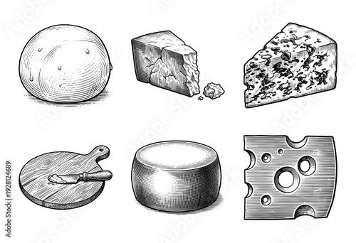 Vintage engraving style collection of various cheese types including brie, parmesan, emmental, and mozzarella with a wooden cutting board and spreader knife.