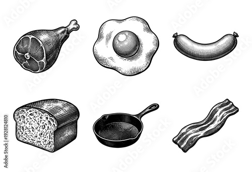 Vintage woodcut style breakfast food collection featuring ham egg sausage bread bacon and cast iron skillet