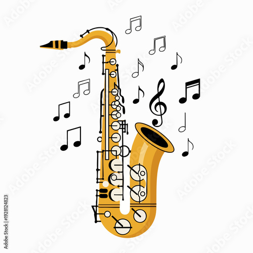 Illustration of a Golden Saxophone Surrounded by Musical Notes Graphic Vector Art for Music Backgrounds and Creative Design Projects