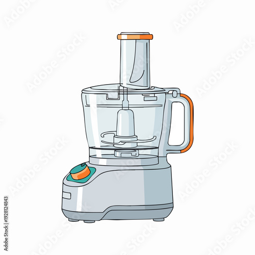 Illustration of a gray and orange food processor on a white background in a cartoon style for culinary design projects