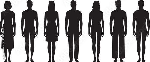 Silhouette illustration of seven diverse human figures standing side by side, symbolizing gender diversity, equality, inclusion, community awareness, lifestyle, an