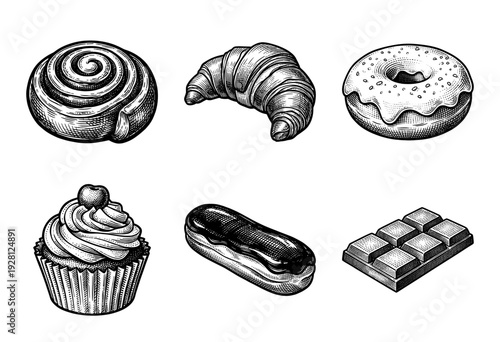 Vintage engraving style pastry and confectionery set featuring cinnamon roll croissant donut cupcake eclair and chocolate bar