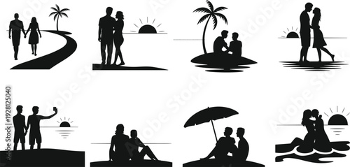 Romantic couple silhouettes with sunset, beach and palm tree scenes, love and companionship illustration for vacation, leisure, and creative projects