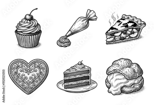 Vintage style engraving collection of assorted desserts and bakery items featuring cakes, pastries, and confectionery tools in black and white line art.