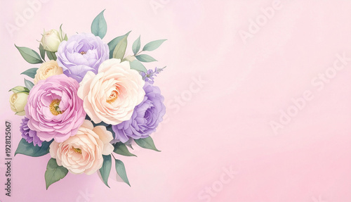 Soft pastel bouquet of roses and eucalyptus leaves on a pink background