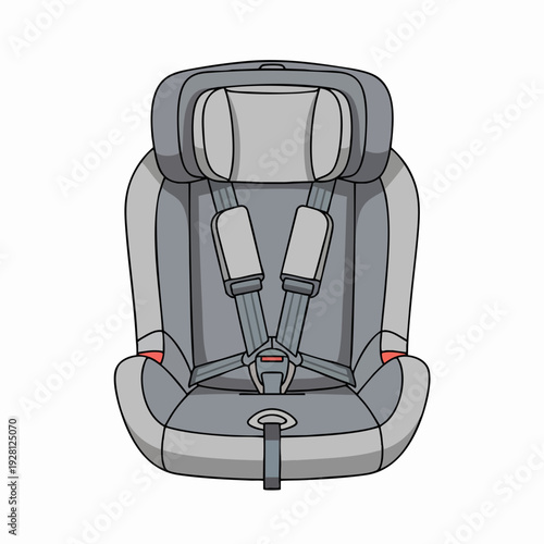 Illustration of a gray child car seat with safety straps isolated on white for baby transport safety and vehicle interior design