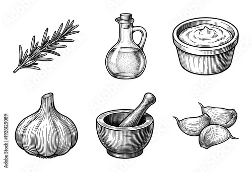 Vintage style engraving collection of garlic cloves, rosemary branch, mortar and pestle, olive oil bottle, and sauce bowl for culinary design.