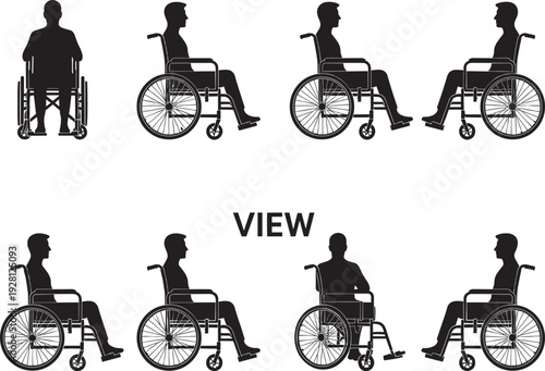 Silhouette illustration showing multiple views of a person in a wheelchair, including front, side, and rear perspectives, symbolizing accessibility, disability aw.