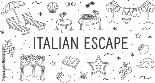 Whimsical mediterranean italian coastal beach vacation elements line art set. Seaside summer sketch of food, loungers, sardines, swimsuits and reading book. Wedding coquette vector illustration