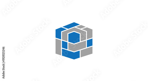 Blue and gray geometric cube shape.