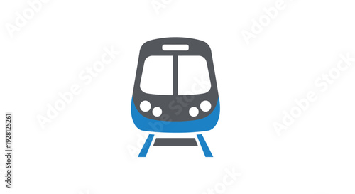 Blue and gray train front view.