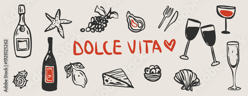 Italian hand drawn vector doodle sketch cafe food illustration set. Summer dinner menu ingredients in minimalist style. Line restaurant vintage retro drawing set. Holiday picnic brunch collection