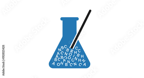 Blue laboratory flask with letters.