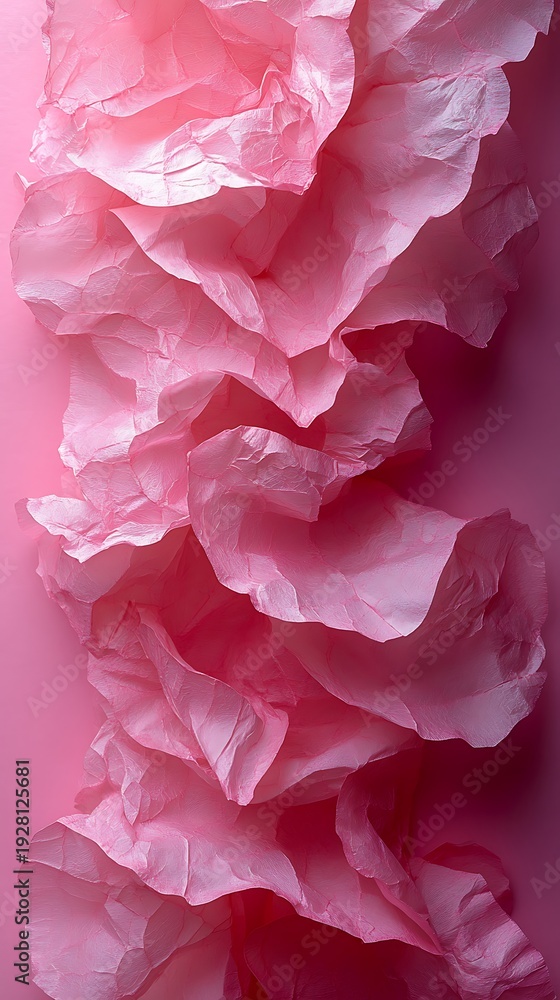 Obraz premium Crumpled soft pink paper or fabric creates a dynamic vertical wave of textured layers