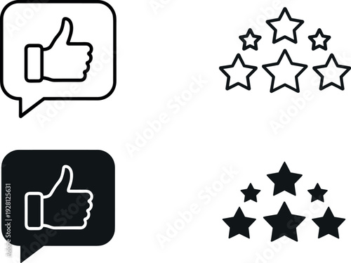 Customer Feedback and Rating Line Icon Set with Thumbs Up Chat Bubble and Five Star Review Symbols