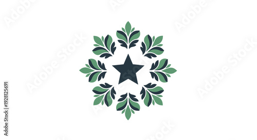 Black star surrounded by green leaves.