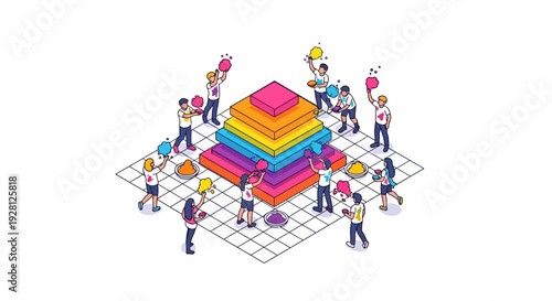 Isometric illustration of people celebrating Holi Festival Day with colorful powder and decorations around a large, stacked structure in a city setting.