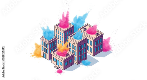 Isometric illustration of colorful buildings with people celebrating Holi Festival Day with powder in a vibrant city scene.