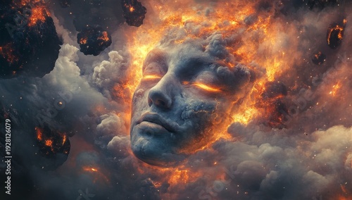 A face made of swirling clouds and glowing embers, floating in an ethereal space with dark celestial bodies around it. The figure is centered on the left side of the composition, surrounded 