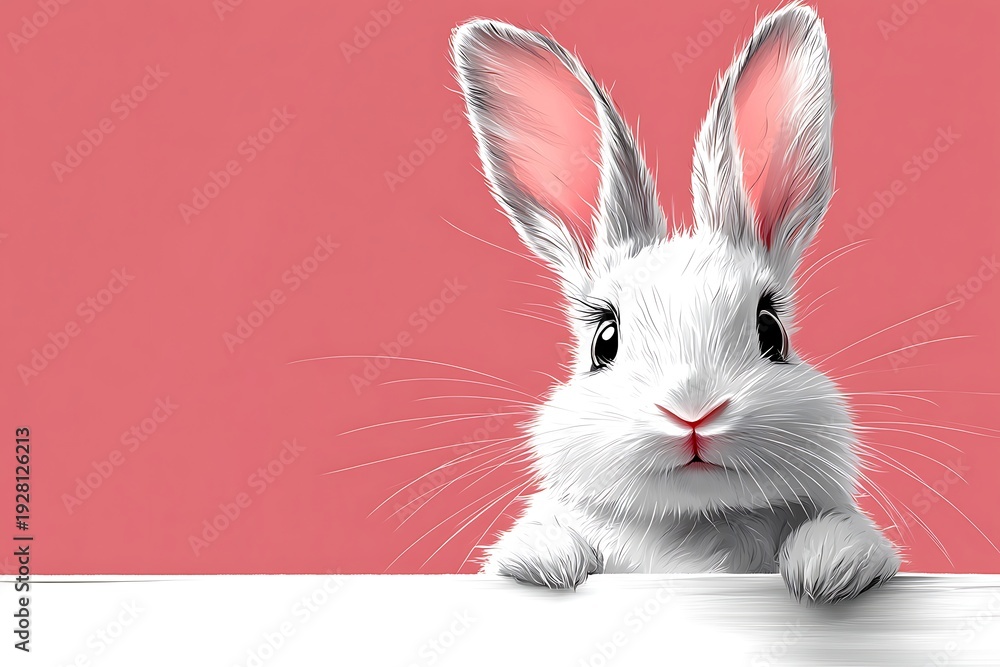 Obraz premium Cute white bunny with big dark eyes peeking over a clean white surface on a vibrant pink background