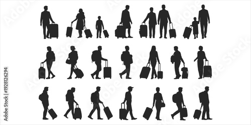 Collection Of Silhouettes Of People Traveling With Luggage On White Background suitcase