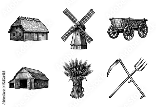 Vintage farm and agriculture collection featuring hand drawn engraving style illustrations of a windmill barn cottage grain and tools