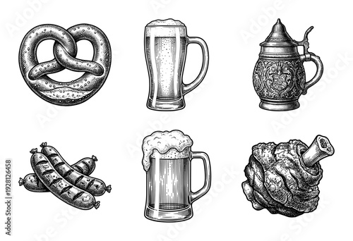 Set of hand drawn vintage engraving illustrations featuring traditional German food and beer including pretzels sausages and ornate steins.